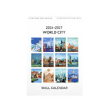 A vertical wall calendar featuring colourful illustrations of iconic cityscapes from around the world.
