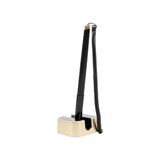 A fixed signature pen in black, mounted on a beige base with a coiled cord attached.