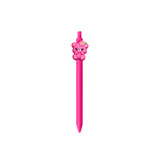 A pink pen with a cute bear topper featuring a flower design. The pen has a logo on its barrel.
