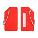 A red soft silicone luggage tag with a clear window for name details and metal wire attachments.