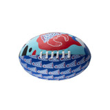 A soft AFL football featuring vibrant blue and multi-coloured designs, with branding on the surface.