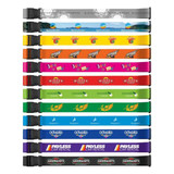 A collection of full-colour luggage straps in various vibrant colours, each featuring different branding.