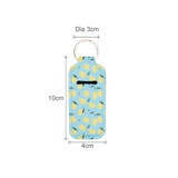 A light blue neoprene lipstick bag with a lemon print, featuring a keyring and a slot for lipstick.