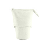 A light grey canvas expandable pencil case with a zip closure and a branded logo. Suitable for office or business use.