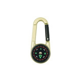 A gold carabiner with a black compass and thermometer attached, featuring cardinal directions marked in red and green.