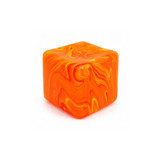 A colourful, swirled orange cube with vibrant yellow accents, featuring a smooth, squishy texture and a logo.