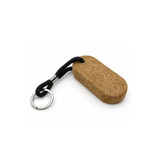 An oval cork keyring in a natural brown colour with a black cord and metal keyring attachment.