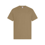 A plain khaki men's t-shirt featuring short sleeves and a crew neckline. The shirt has a label and no graphics.