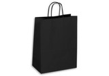 A large black kraft paper bag with two handles and a plain design. It features a logo on one side.