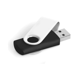 A black and white swivel flash drive with a USB connector, featuring a circular button on one side.