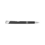 A metal pen in black with silver accents, featuring a clip and a sleek design. It has a logo on the body.