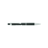 A black metal pen with silver accents and a textured grip. It features a branding logo.
