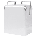A drink bottle cooler in white with a metal handle and shiny chrome accents.