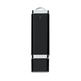 A black USB flash drive with a shiny metal accent and a small keyring attachment. It features a logo on the surface.