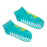 A pair of teal short gripper socks with white non-slip tread patterns and lime green accents.