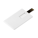A white credit card-sized flash drive with a retractable USB connector. It includes a logo on its surface.