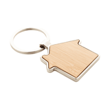 A house-shaped keyring made of bamboo with a silver metal ring, featuring a smooth, natural wood finish.