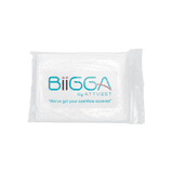 A clear plastic pouch containing a white item, featuring a logo and text in blue and turquoise.