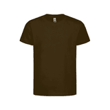 A dark olive green kids' essential tee with a classic crew neck and short sleeves. The shirt features a brand logo.