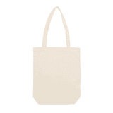 A natural-coloured hemp tote bag with a gusset and two shoulder straps. It features a logo.