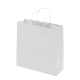 A large white Kraft paper bag with twisted paper handles, featuring a simple design.