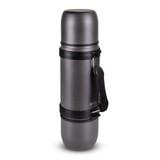 A drink bottle with a grey stainless steel body and a black strap, featuring a branding logo.
