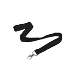 A flat ribbed black lanyard, 15mm wide, featuring a swivel clip and a logo.