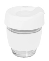 A reusable coffee cup made of glass, featuring a white silicone lid and band, with a capacity of 240ml.