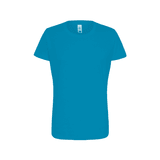 A turquoise women's essential t-shirt with a round neckline and short sleeves, featuring a logo on the tag.
