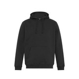 A black hoodie featuring a front pocket and drawstring hood, with a logo on the chest.