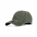 A green cap with a curved brim and a logo on the front. The fabric has a textured finish and casual style.