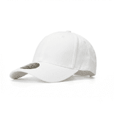 A white polyester stretch cap featuring a curved brim and a logo on the front.