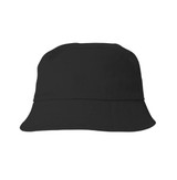 A black cotton bucket hat featuring a wide brim and a minimalist design. The hat has a logo on it.