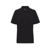 A black men's polo shirt featuring a classic collar and short sleeves, with a logo on the chest.