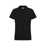 A black women's polo shirt with a collared neckline and short sleeves, featuring a button placket and a logo.