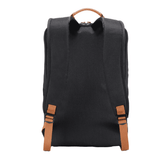A black backpack with brown straps and handle, featuring a logo on the surface.