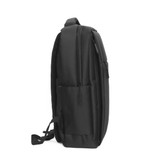 A black backpack with multiple compartments and a side pocket, featuring adjustable straps and a logo.