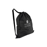 A black non-woven duffel bag with drawstring closure and an over-the-shoulder strap, featuring a logo.