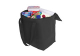 A black cooler bag filled with various food items and a drink bottle, featuring sturdy handles.