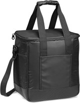 A black cooler bag with a zippered top, featuring two sturdy handles and a detachable shoulder strap.