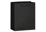 A black medium-sized laminated paper bag with a handle and a logo, featuring a sleek design.