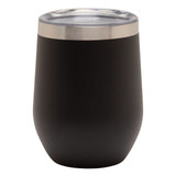 A drink bottle shaped reusable coffee cup in matte black with a clear lid and a stainless steel rim.