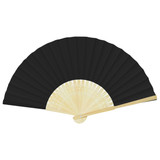 A black foldable fan with a wooden handle, featuring intricate cut-out designs along the edges.