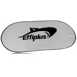 A folding car sunshade in silver with a black logo on one side. The shade is oval-shaped and lightweight.