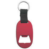 A drink bottle keyring in red with a black strap, featuring a bottle opener and a metal ring for attachment.