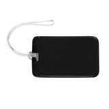 A black luggage tag with a clear strap. It has a smooth surface and a transparent attachment.