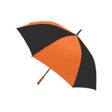 A golf umbrella featuring an orange and black canopy with a wooden handle and a logo on the shaft.