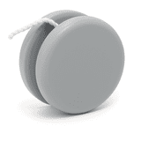 A grey plastic yoyo with a white string, featuring a smooth, rounded design and a simple aesthetic.