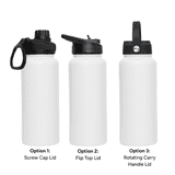 A drink bottle featuring a white body and three lid options: screw cap, flip top, and a rotating carry handle.