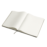 An open A4 hard cover notebook with lined pages and a ribbon bookmark, featuring a black cover.